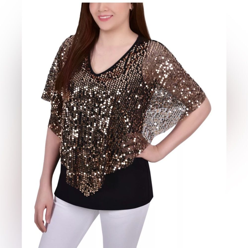 NY Collection gold sequin front poncho knit black top